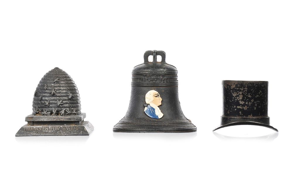 Lot 316: 3 Cast Iron Still Banks Pass Around the Hat, Liberty Bell, and Beehive