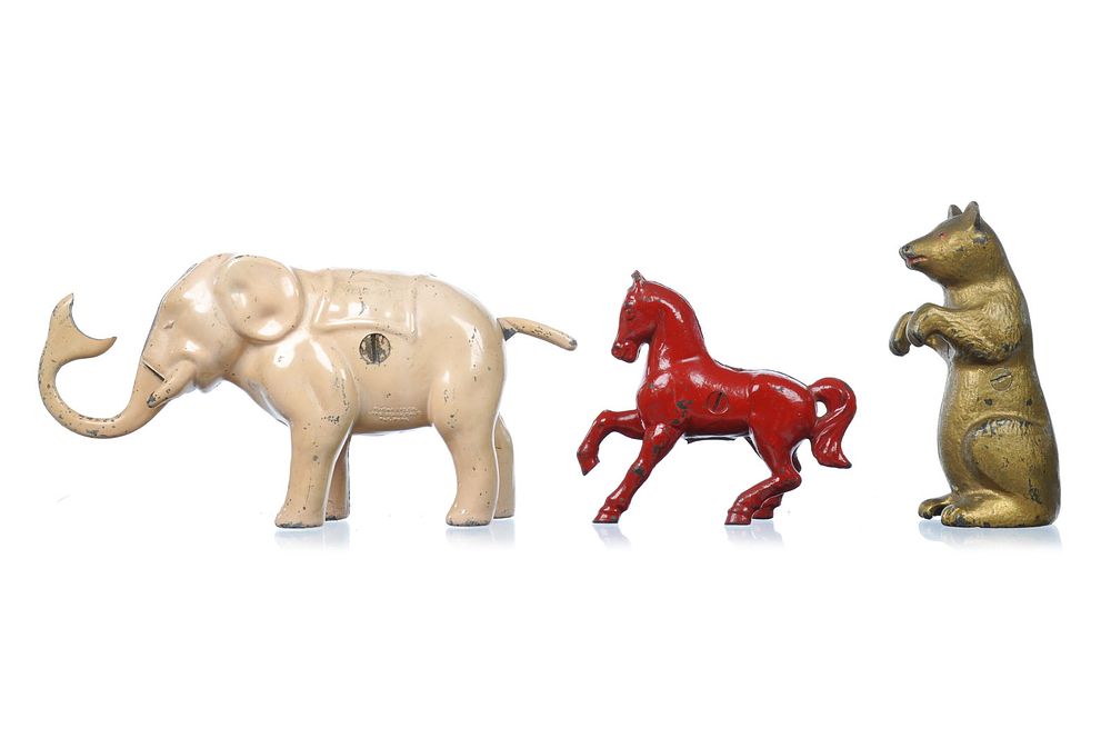 Lot 317: 3 Still Banks, Ru Gar Elephant, Williams Begging Bear, Aracde Red Horse
