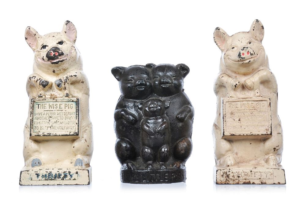 Lot 318: 2 Cast Iron Still Banks Hubley ca. 1930s Thrifty the Wise Pig & Three Little Pigs Bank