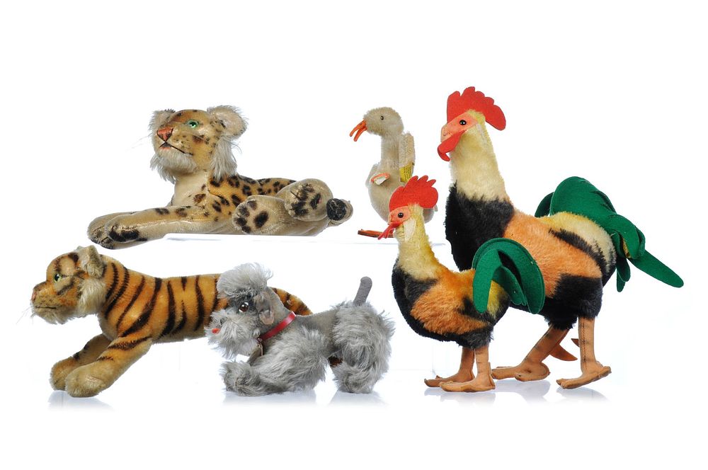 Lot 327: 6 Steiff Stuffed Animals Roosters, Duck, Snobby, Tiger, Leopard