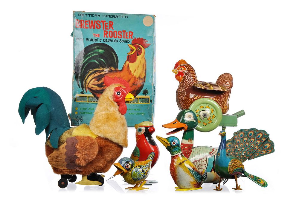Lot 328: 7 Tin Litho Birds Marx Brewster the Rooster, German, Japanese, British Tin