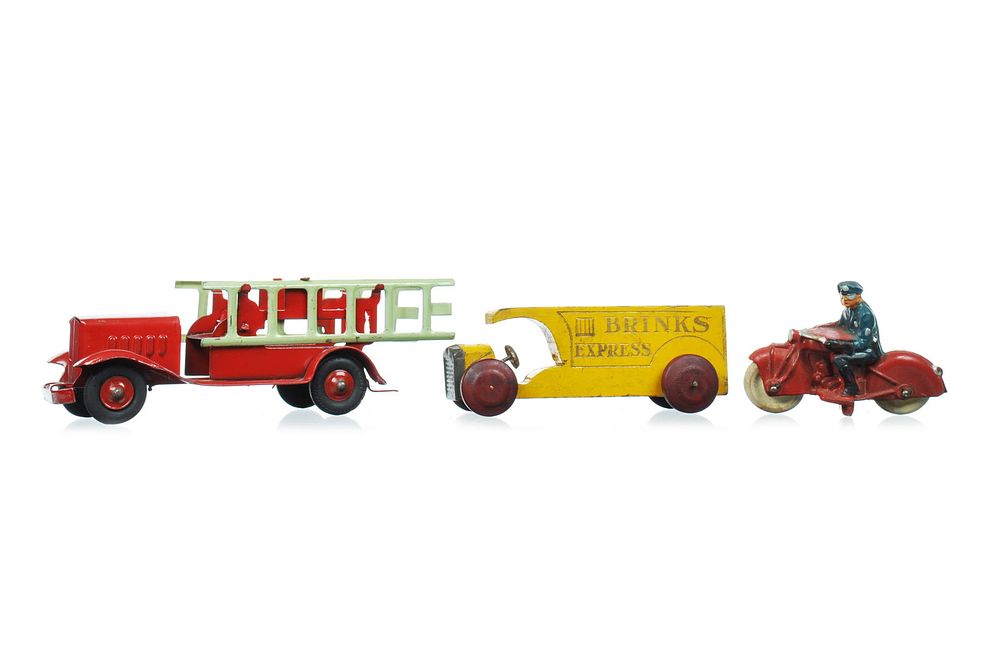 Lot 342: 3 Vehicle Toys Wood, Pressed, Steel Rubber; Girard, Auburn, Brinks Advertising