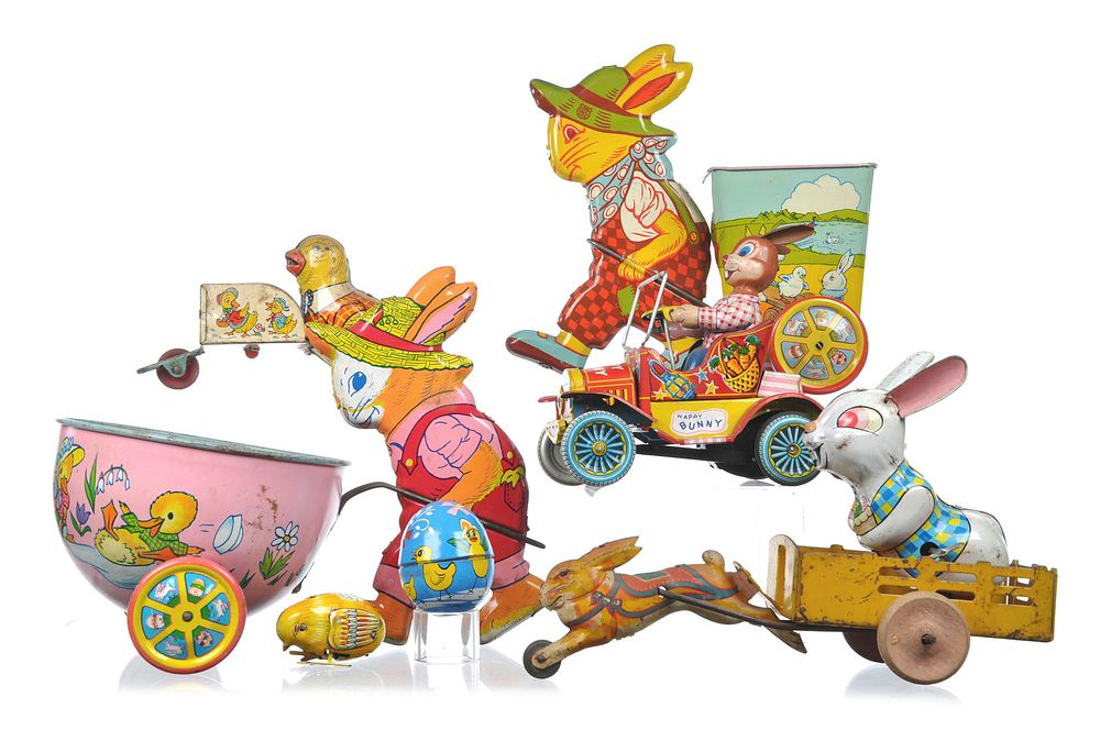Lot 343: 7 Tin Easter Toys Chein, Marx, Haji, and Yone