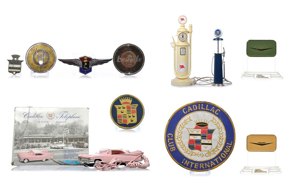 Lot 349: Lot of 11 Cadillac Ephemera Pieces; Hub Cap Covers, LaSalle Emblem, Phones, Patches, and More