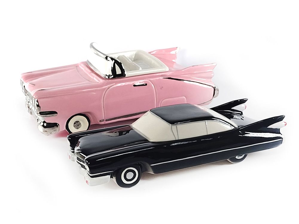 Lot 360: 2 Ceramic Cadillacs Pink Caddy Cookie Jar and Black Caddy Trinket Box