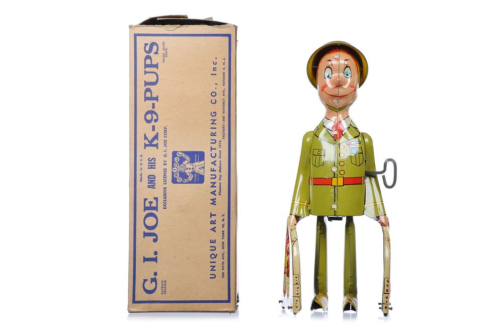 Lot 366: Unique Art Tin Litho Windup G.I. Joe and His K-9 Pups Boxed