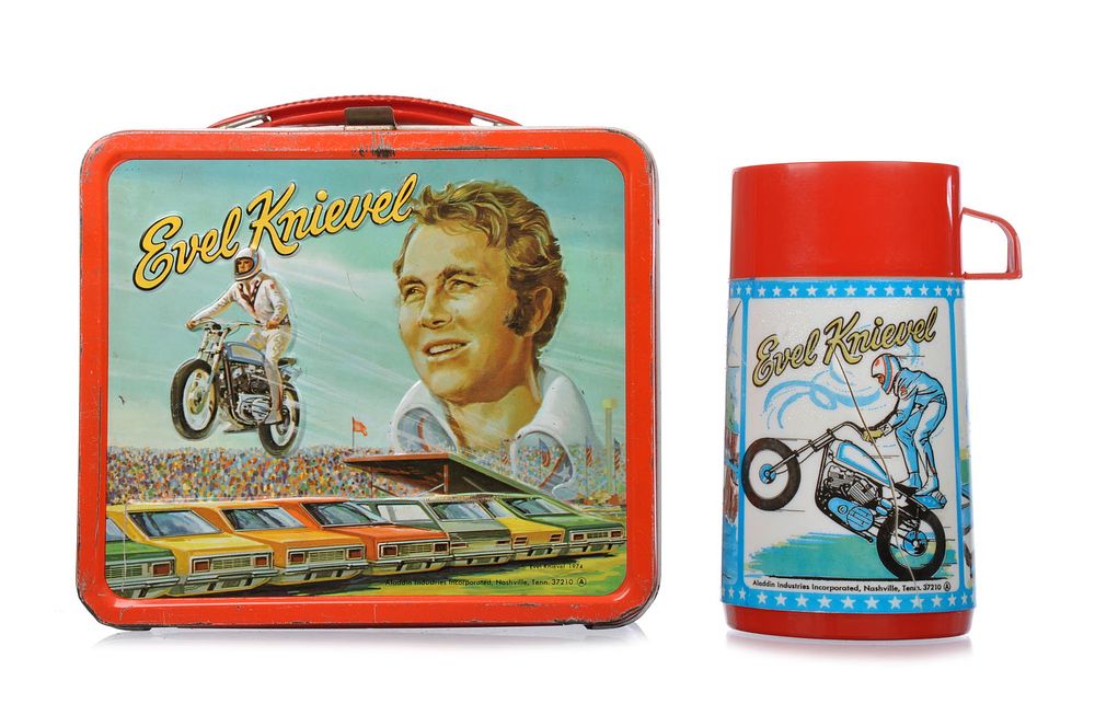 Lot 369: 1970s Evel Knievel Aladdin Tin Lunchbox with Thermos
