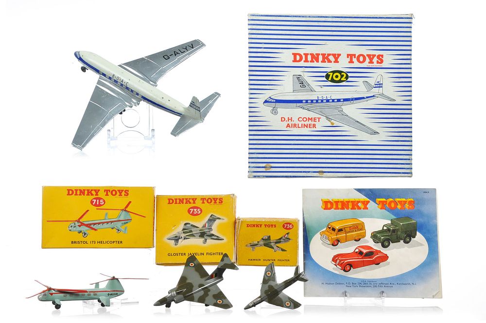 Lot 378: 4 Boxed Dinky Planes Bristol Helicopter, Gloster Javelin, Hawke Hunter, DH Comet