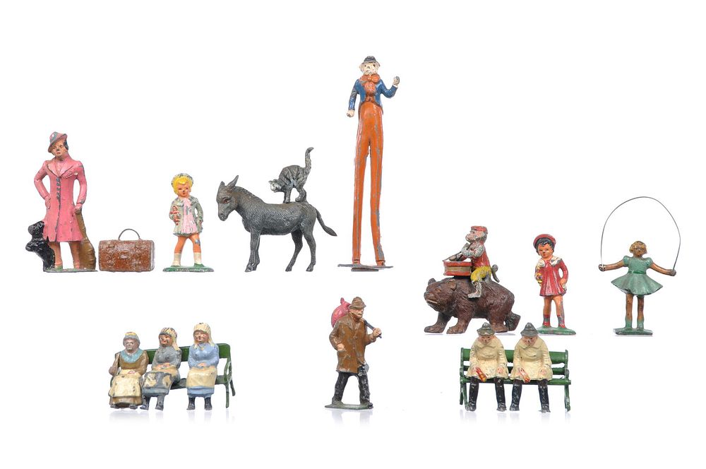 Lot 384: 16pc Whimsical Lot of Lead Figures: Charbens, Barclay, J. Hill Co. Britains