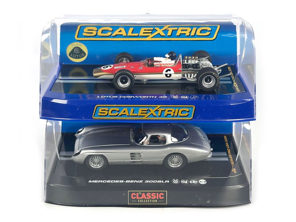 Lot 235Y: Scalextric Mercedes-Benz 300 SLR and Lotus Cosworth 49