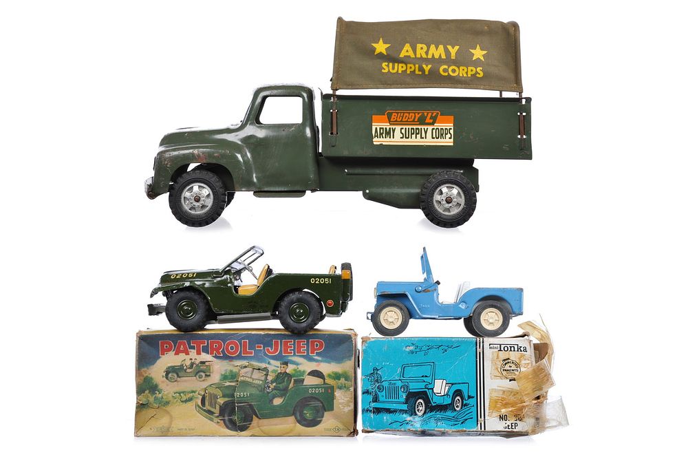 Lot 257D: 3 Buddy L Army Supply Corps Truck, Mini Tonka Boxed, Nomura Jeep Patrol Boxed