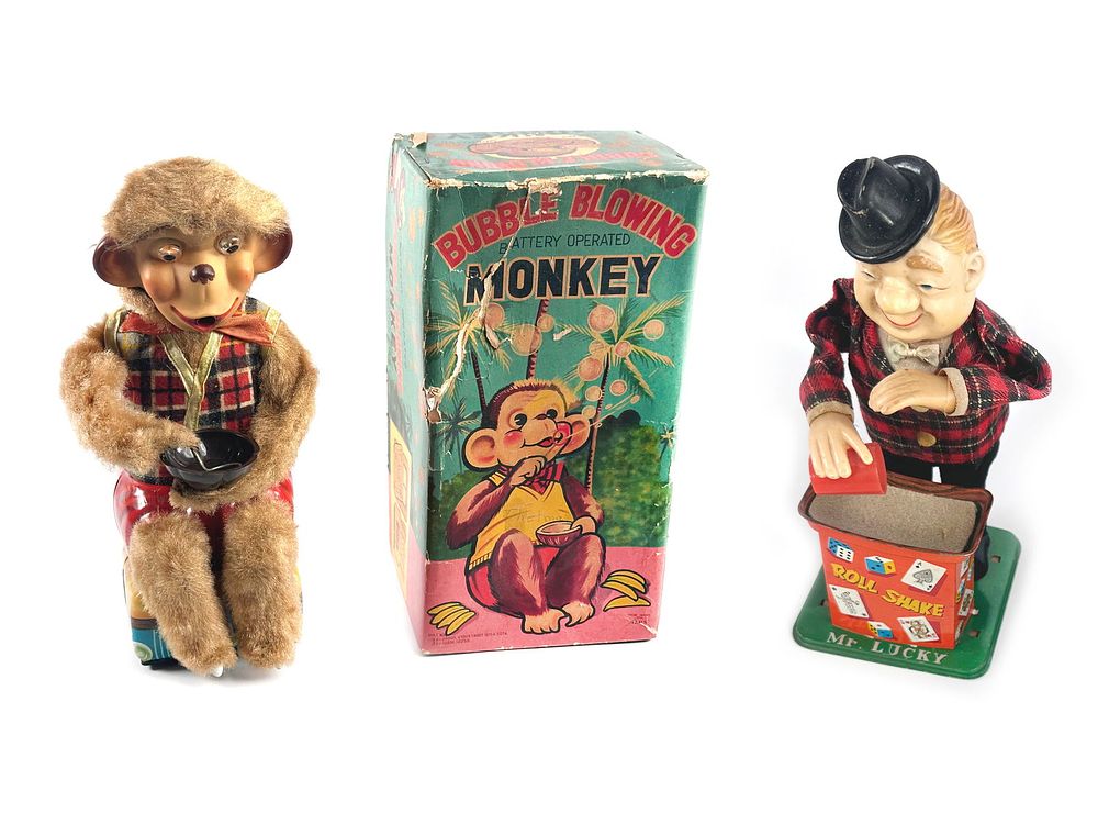 Lot 341F: Bubble Blowing Monkey and Windup Dice Player Man Japan