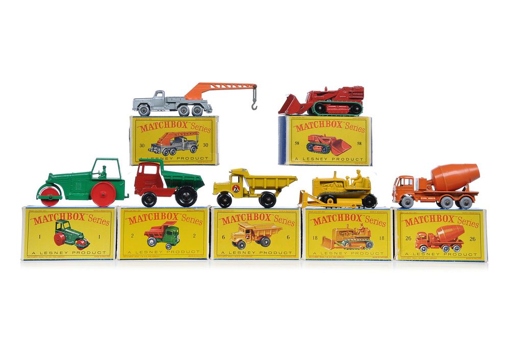 Lot 380B: 7 Matchbox #1 Roller/#2 Muir/#6 Quarry/#18 Cat Dozer/#26 Cement/#30 Crane/#56 Drott Boxed