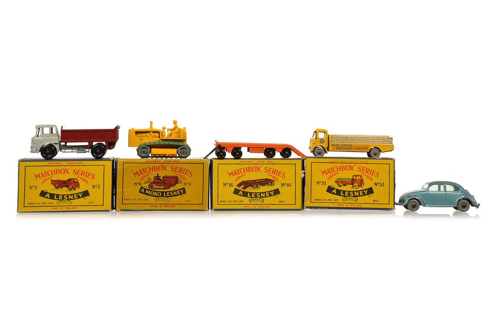 Lot 380C: 5 Matchbox #3 Tipper/#8 Caterpillar/#16 Atlantic/#52 Chieftain/#25 VW