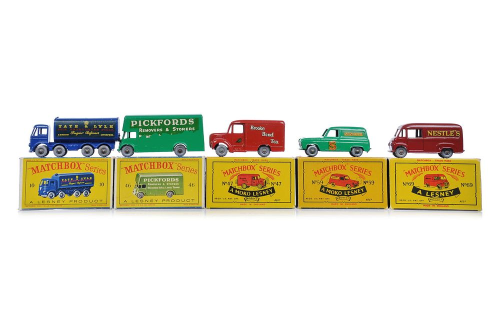 Lot 380G: 5 Matchbox #10 Tate & Lyle/#46 Pickford/#47 Brooke Bond/#59 Singer/#69 Nestle Boxed