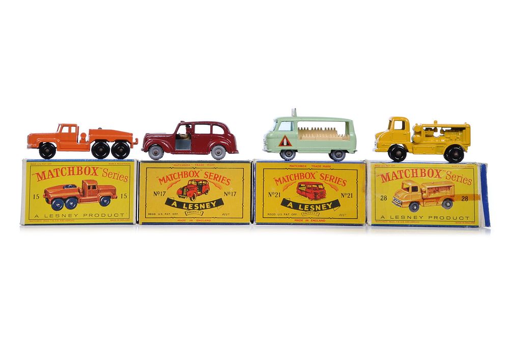 Lot 380J: 4 Matchbox Vehicles #15 Atlantic/#17 Metro Taxi/#21 Commer Milk/#28 Compressor Boxed