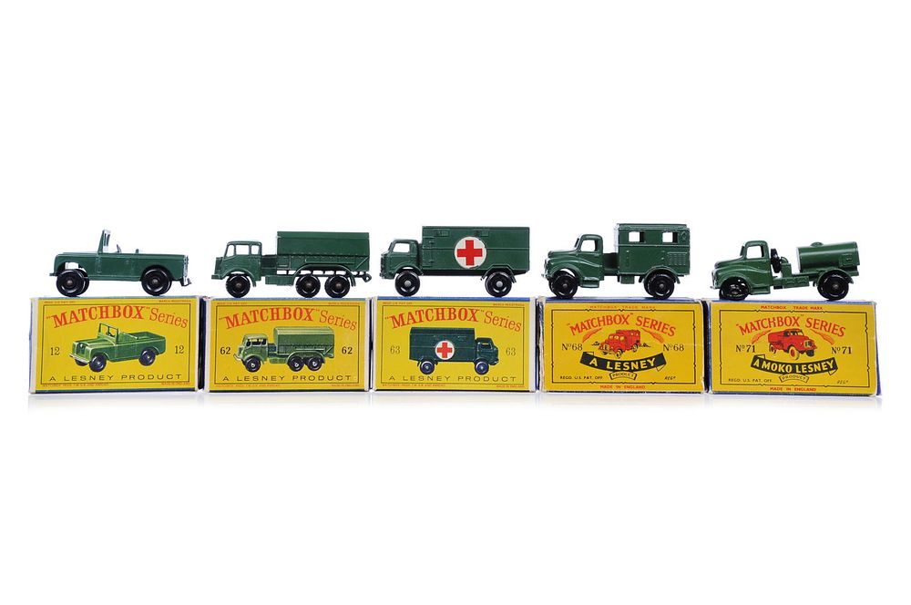 Lot 380M: 5 Matchbox Military #14 Land Rover/#62 General/#63 Ambulance/#68 Wireless/#71 Water Boxed