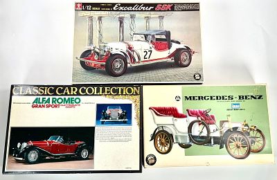 3 Model Car Kits 1906 Mercedes-Benz, Excalibur SSK, Alfa Romeo Grand Sport. Bandai - 1906 