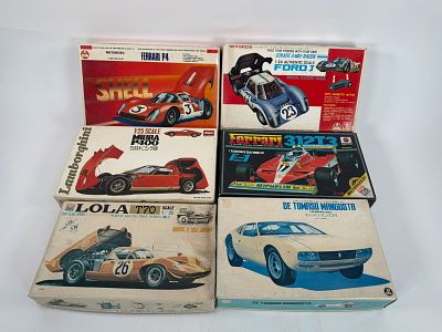 6 Model Car Kits Lola T70/Ferrari 312 T3/De Tomaso Mangusta/Ford J/Ferrari P4/Miura P400. Okamota 