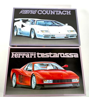 2 Ferrari Testarossa, Koenig Countach. Fujimi - Koenig Countach motorized 1/16 scale, missing 1 