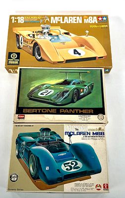 3 Model Car Kits Bertone, McLaren, McLaren MIB. Bandai - McLaren M68 motorized 1/20, Tamiya - 