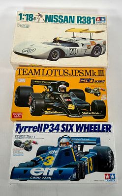 3 Nissan R381, Lotus JPS, Tyrrell P34 Six Wheeler. Tamiya - Nissan R381 1/18, Academy - Lotus 