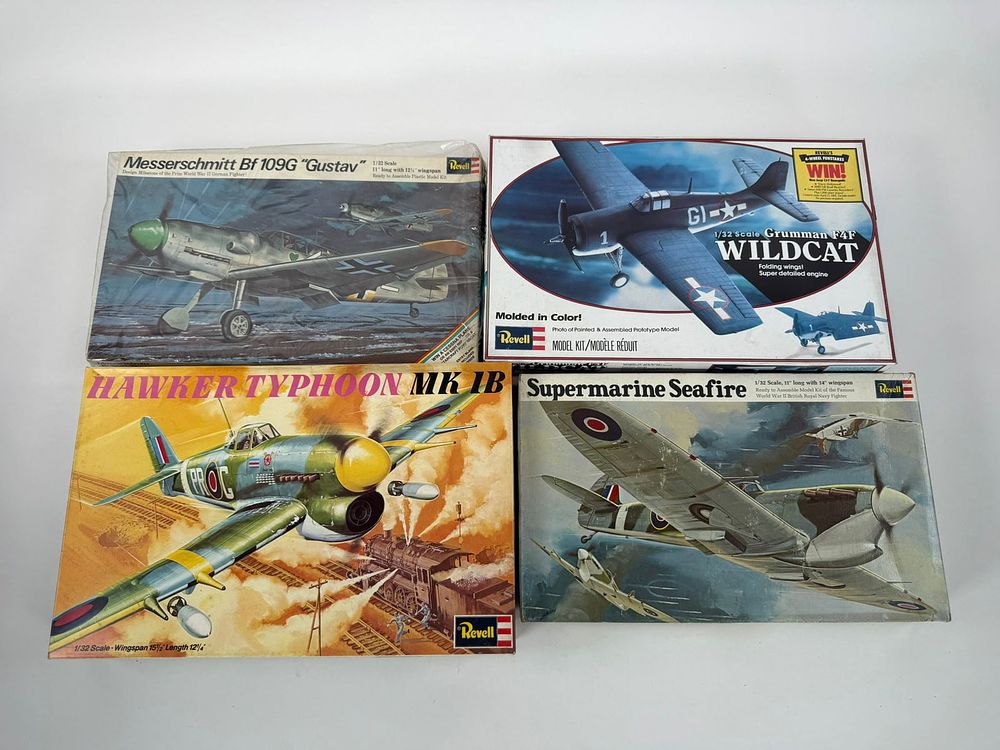 Lot 62: 4 Monogram Models Hawker Typhoon MK 1B/Grumman F4F Wildcat/Messerschmitt/Supermarine Seafire