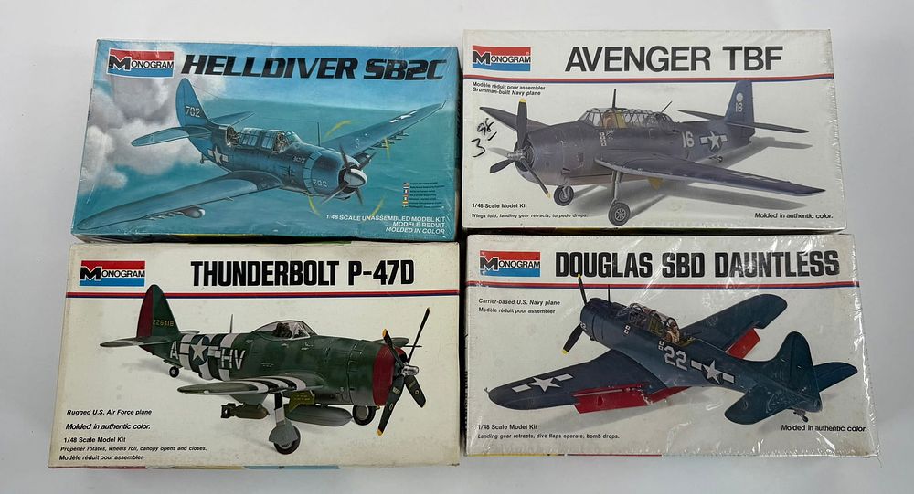 Lot 63: 4 Revell Model Kits Thunderbolt/SBD Dauntless/Helldiver SB2C/Avenger TBF
