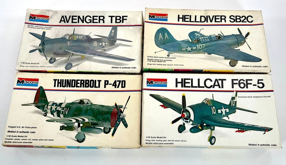 Lot 64: 4 Revell Model Kits Thunderbolt/Hellcat F6F-5/Helldiver SB2C/Avenger TBF