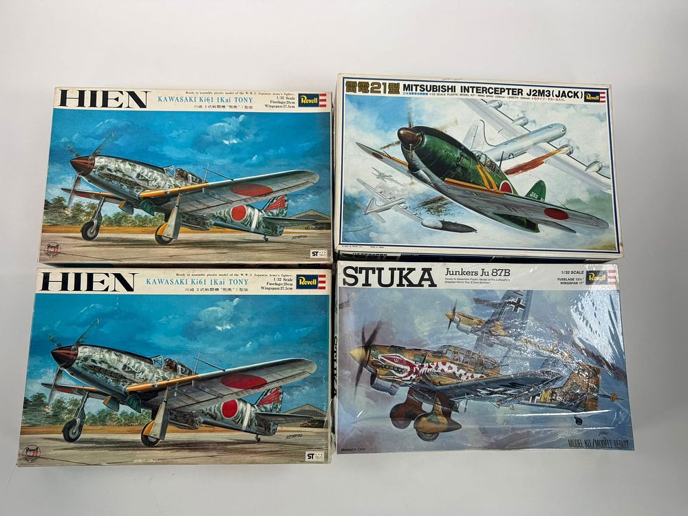 Lot 69: 4 Revell Model Kits (2) Kawasaki Ki61 Hein & Tony/Stuka Junkers Ju 87B/Mitsubishi Interceptor J2M3