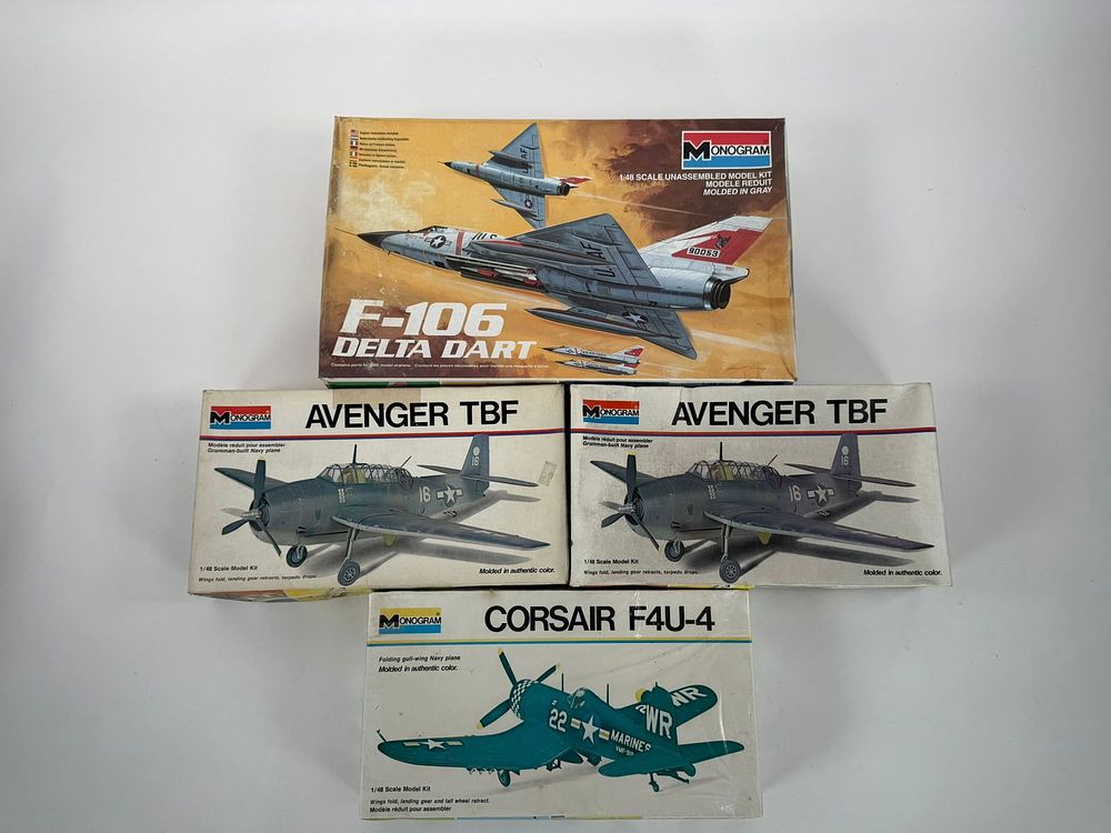 Lot 70: 4 Monogram Model Kits (2) Avenger TBF/Corsair F4U-4/F-106 Delta Dart