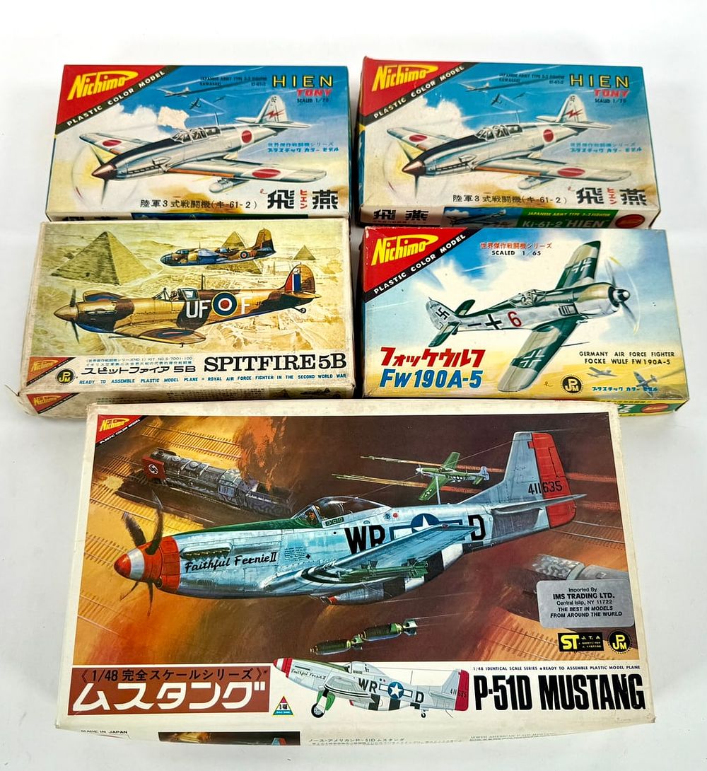 Lot 72: 5 Nichimo Model Kits P-51D Mustang/Spitfire 5B/(2) Ki-61-2 Hien/Focke Wulf 190A-5