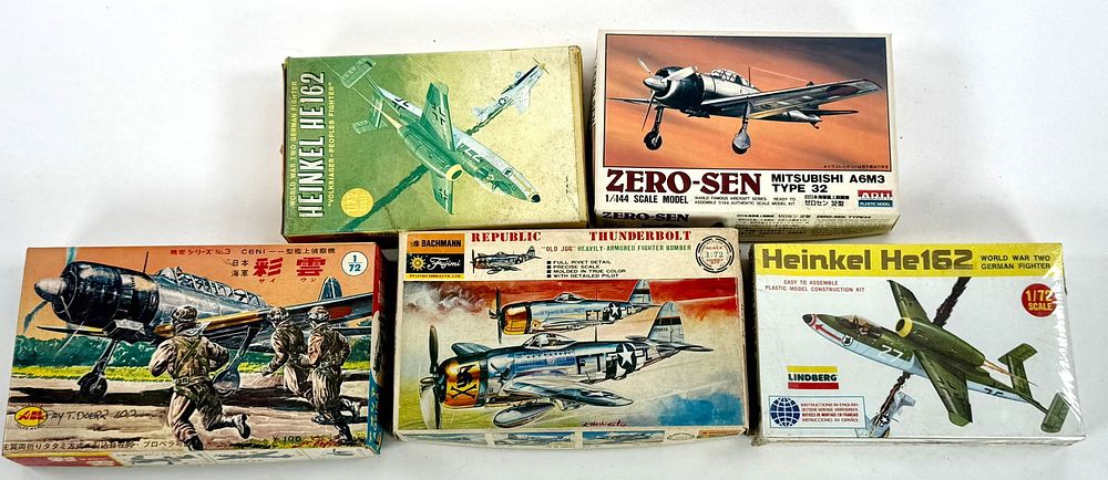 Lot 74: 5 Model Plane Kits Zero-Sen Mitsubishi A6M3/(2) Heinkel HE162/Saiun/Republic Thunderbolt Old Jug