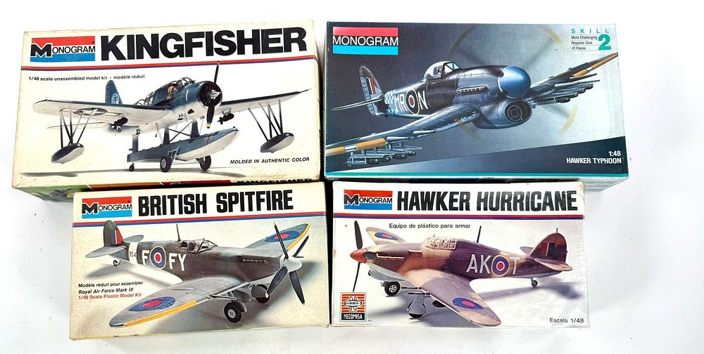 Lot 79: 4 Model Plane Kits British Spitfire/Hawker Hurricane/Kingfisher/Hawker Typhoon