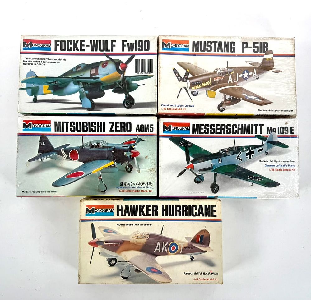 Lot 80: 5 Models Hawker Hurricane/Mitsubishi Zero A6M/Messerschmitt Me 109E/Mustang P-51B/Focke Wulf