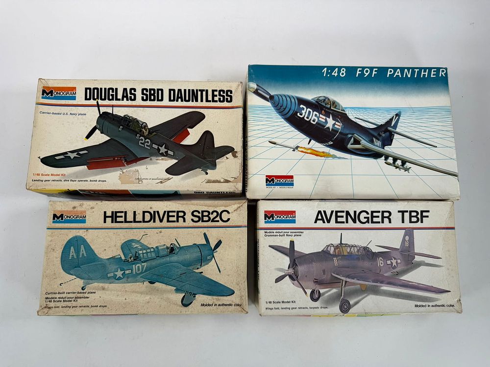 Lot 86: 4 Model Plane Kits Helldiver SB2C/Avenger TBF/SBD Dauntless/F9F Panther