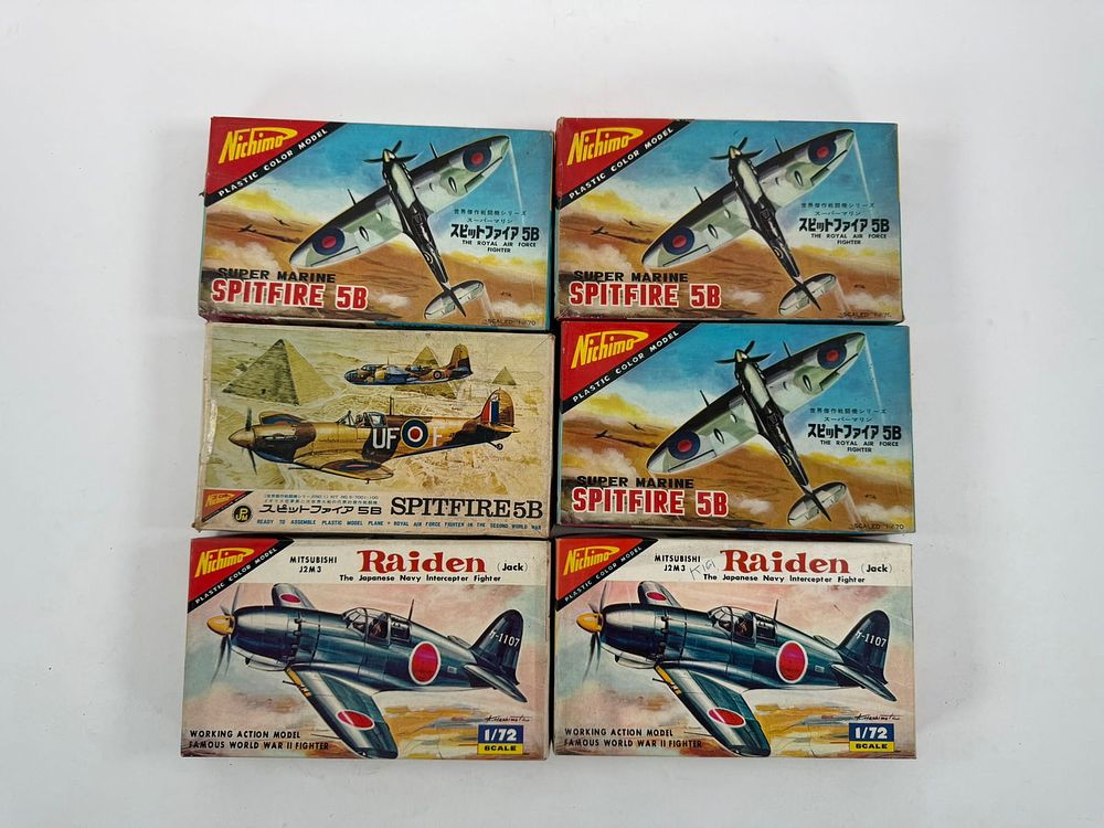 Lot 91: 6 Nichimo Model Plane Kits Spitfire 5B/(3) Supermarine Spitfire 5B/(2) Raiden Fighters