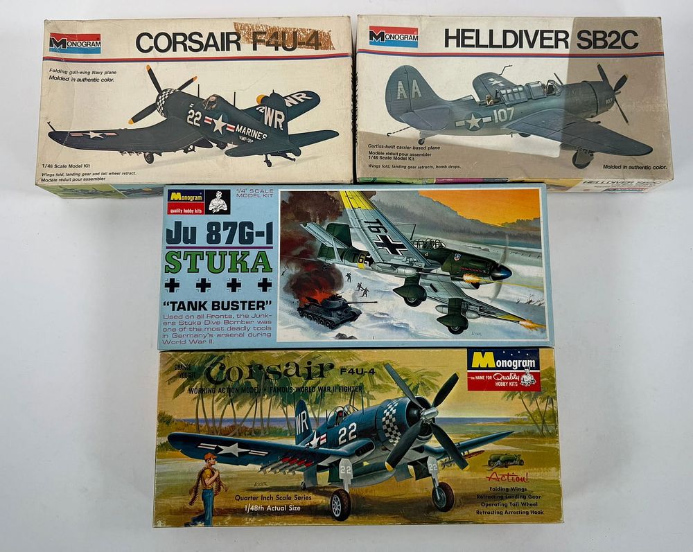Lot 92: 4 Monogram Plane Kits Corsair F4U-4/Ju 87G-1 Stuka "Tank Buster"/Corsair F4U-4/Helldiver SB2C