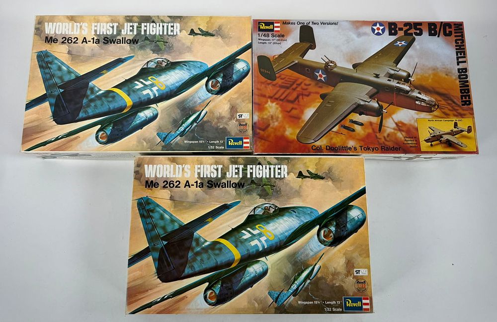 Lot 93: 3 Monogram Plane Kits B-25B/C Mitchell Bomber/(2) World’s First Fighter Jet Me 262 A-1a Swallow