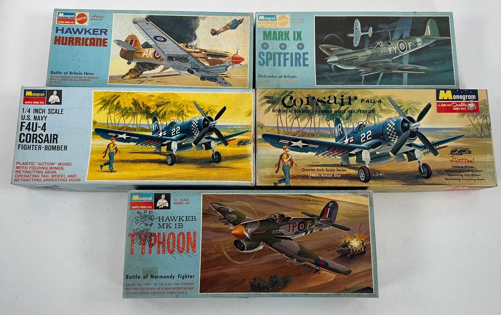 Lot 97: 5 Monogram Hawker MK1B Typhoon/F4U-4 Corsair Bomber/Corsair F4U-4 Hawker/Mark IX Spitfire