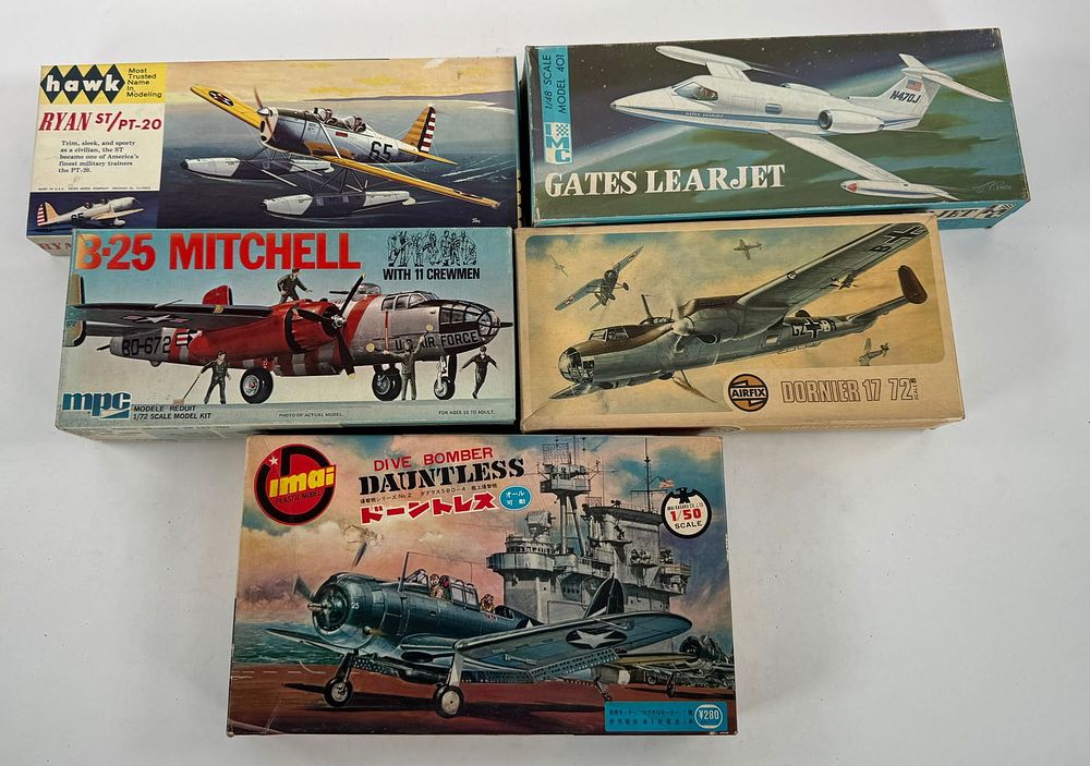 Lot 102: 5 Model Planes Dive Bomber Dauntless/Gates Lear Jet/Ryan ST/PT-20/B-25 Mitchell/Dornier 17 E&F