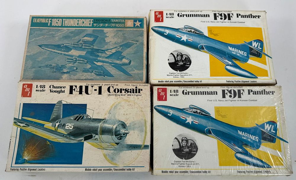 Lot 104: 4 Model Plane Kits (2) Grumman F9F Panther/F-105D Thunderchief/Corsair F4U-1