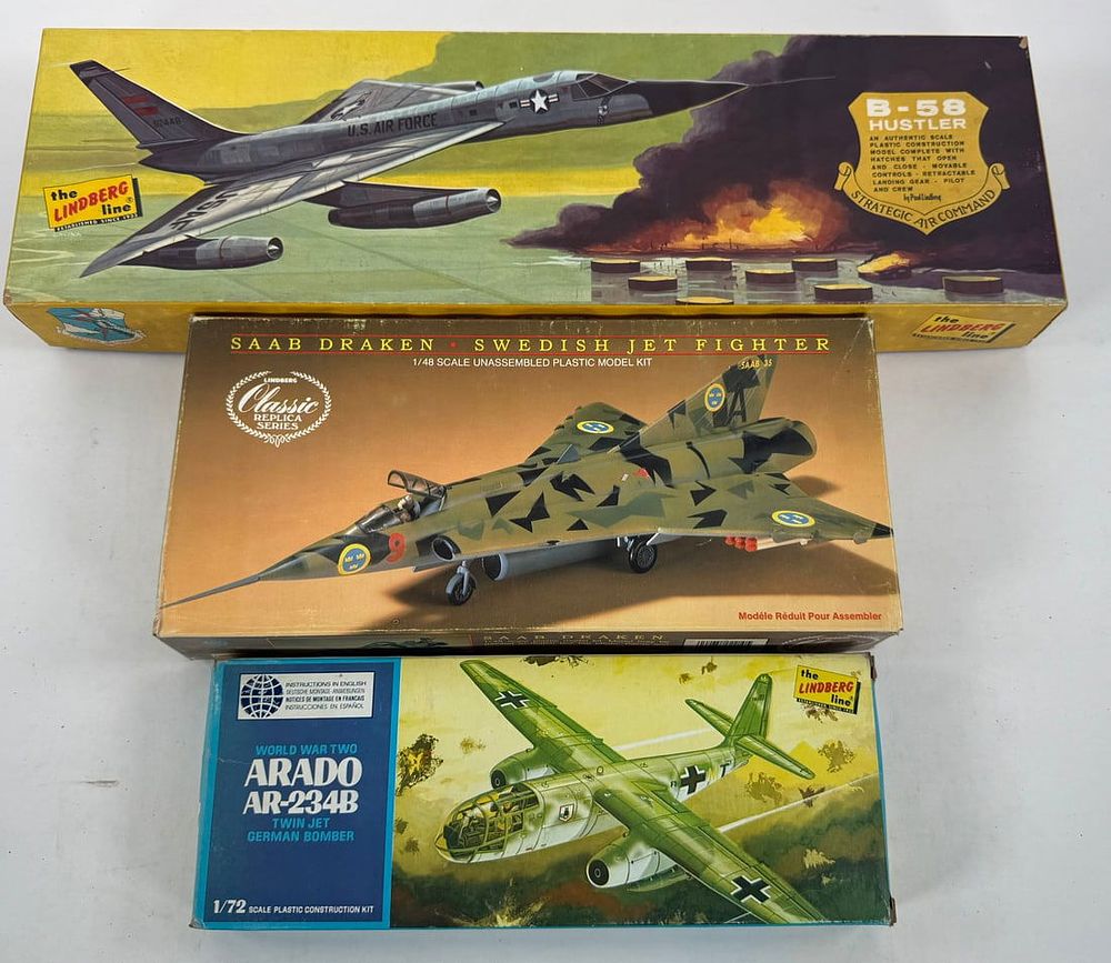 Lot 108: 3 Model Plane Kits Arado AR-234B German Bomber/Saab Draken Swedish Jet Fighter/B-58 Hustler