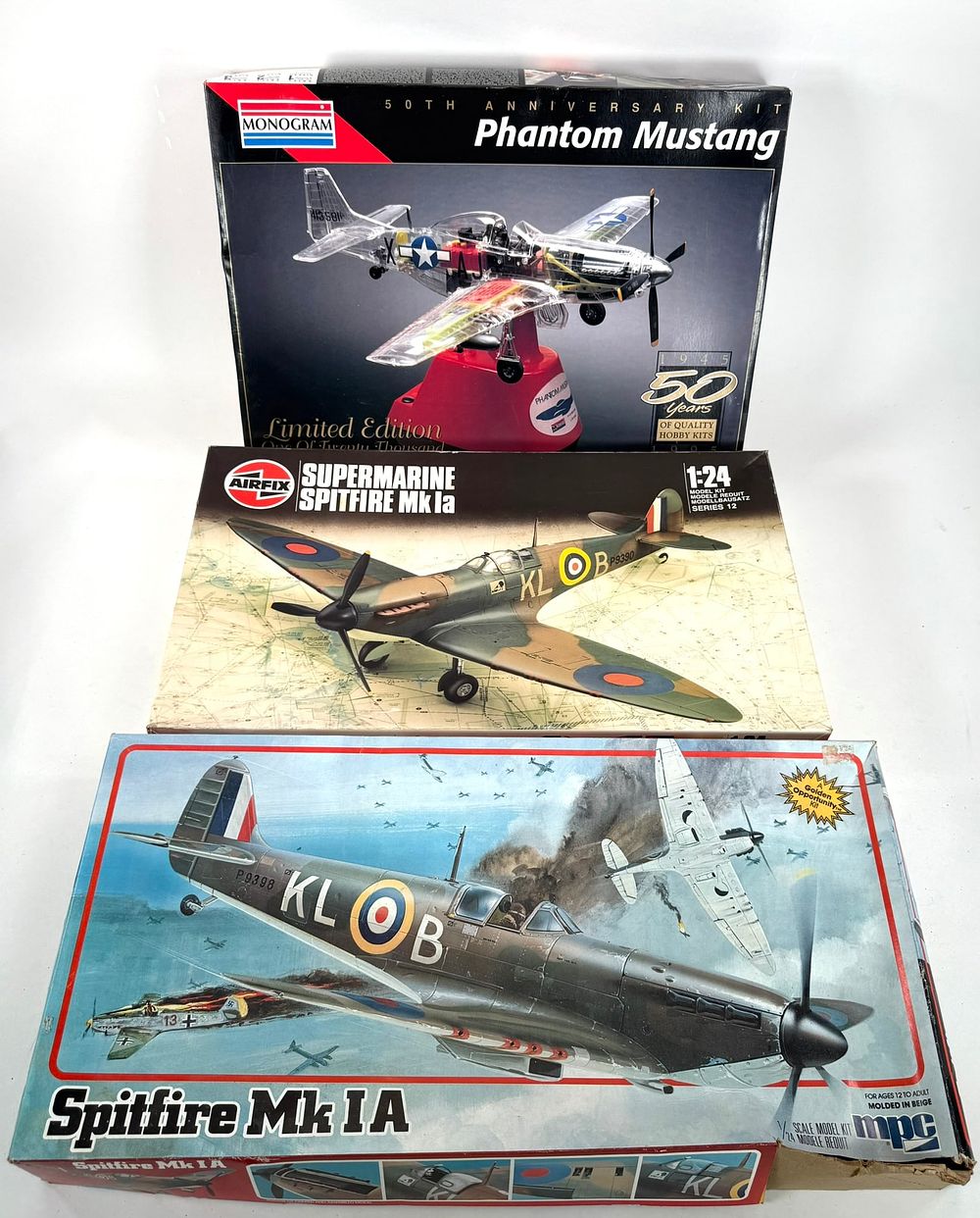 Lot 110: 3 Model Plane Kits Airfix Supermarine Spitfire MK 1A/Monogram Phantom Mustang/MPC Spitfire MK 1A