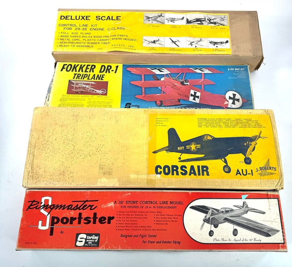 Lot 115: 3 Model Plane Kits J. Roberts Corsair AU-I/Sterling Models Ringmaster Sportster & Fokker DR-1