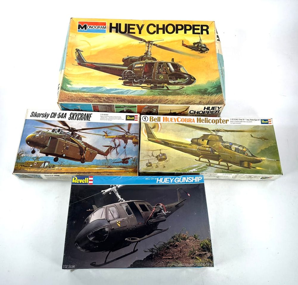 Lot 116: 4 Models Monogram Huey Chopper/Revell Sikorsky CH-54A Skycrane/Huey Gunship/Huey Cobra Helo