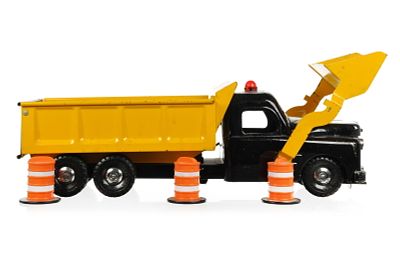 Structo Hydraulic Dump w/Loader and Construction Barrels. This is a Structo hydraulic dump truck 