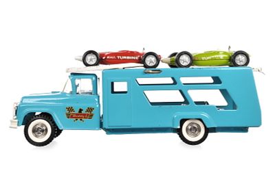 Buddy L Racing Car Carrier w/3 Buddy L Turbine Racers. This is a Buddy L racing car carrier with 