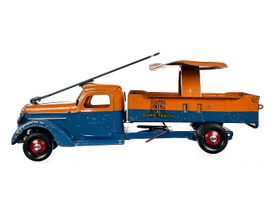Buddy L Pressed Steel Rider Dump Truck. This is a pressed steel Buddy L dump truck. It measures 