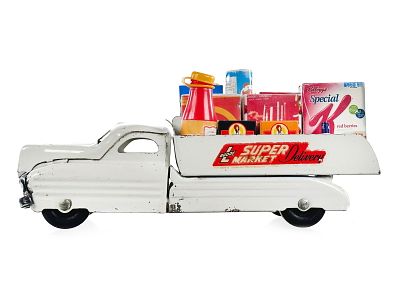 Buddy L Super Market Delivery Truck w/Groceries. This is a pressed steel Buddy L Super Market 